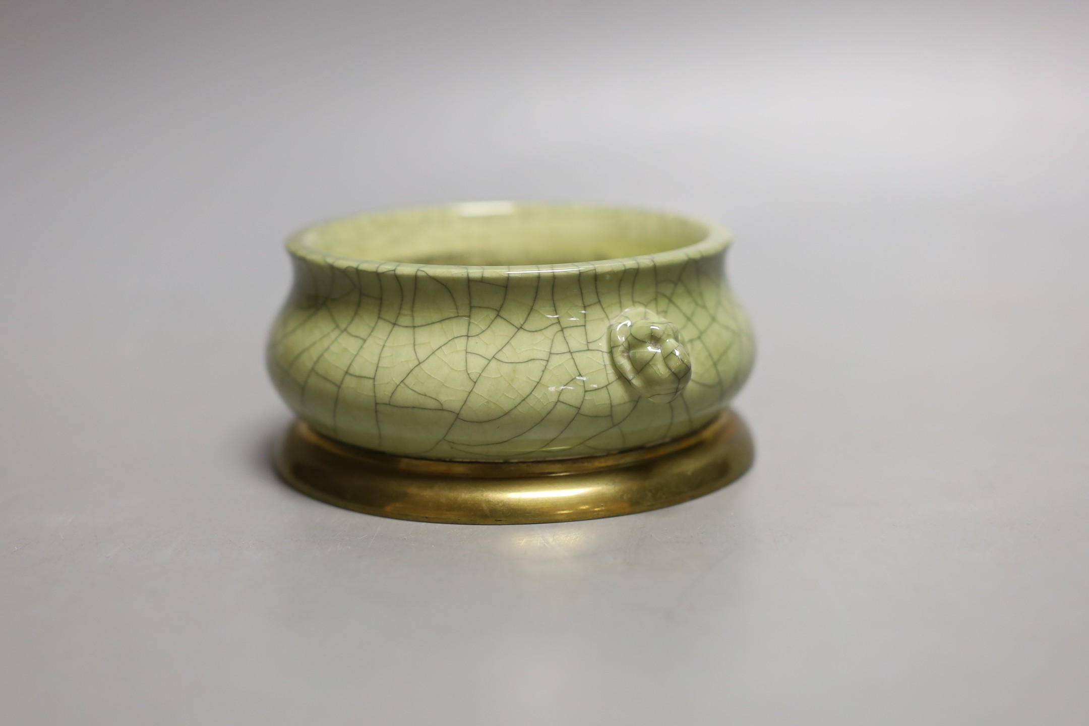A Chinese crackle glaze Ge type censer, brass mounted base, 12cm handle to handle